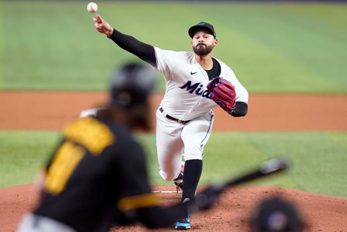 Miami Marlins starting pitcher Pablo Lopez throws to Pittsburgh Pirates’ Jake Marisnick during the third inning of a baseball game, Wednesday, July 13, 2022, in Miami.
